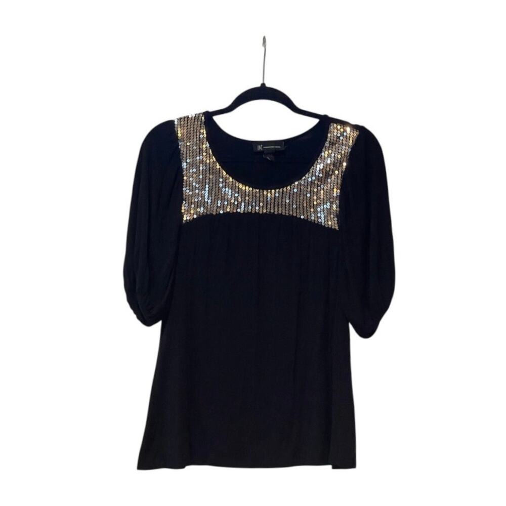 International Concepts Black Sequined Puff Sleeve Tunic Top, Small